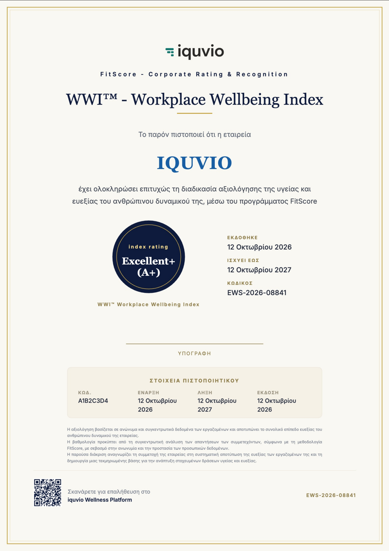 Πιστοποιητικό Workplace Wellbeing Index — IQUVIO